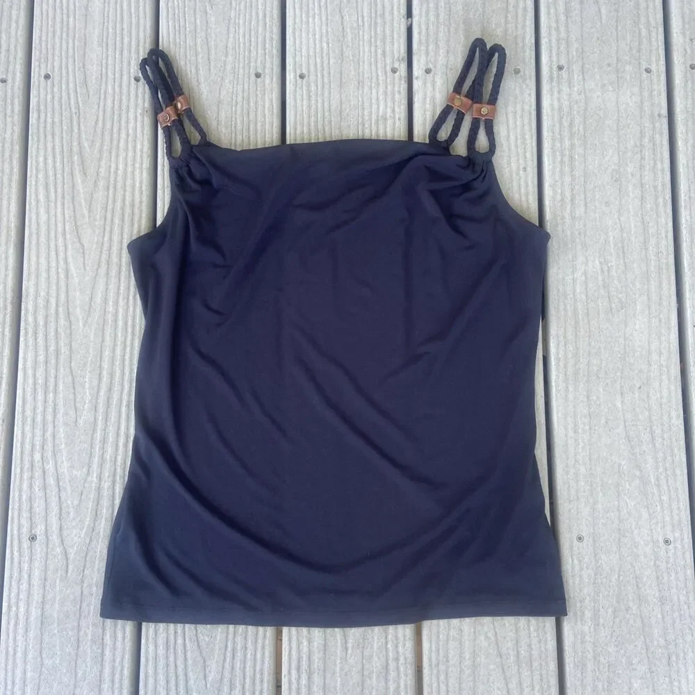 Michael Kors Black Cowl Neck Tank Top L Braided Straps Faux Leather Trim NWT
